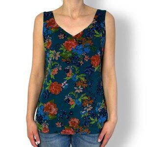 Cabi Teal Floral Print #3449 Still Life Lined V-neck Cami Tank Top Blouse Sz XS